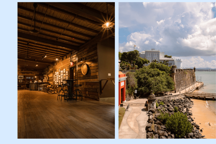 Split image: rustic bar interior left, coastal view with fortress and path right.