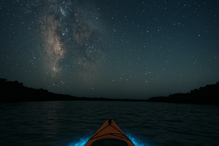 Kayak at night with glowing water and starry sky above.