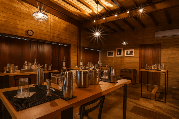 Warm, cozy room with wooden walls, tables set with barware, and dimmed lighting.
