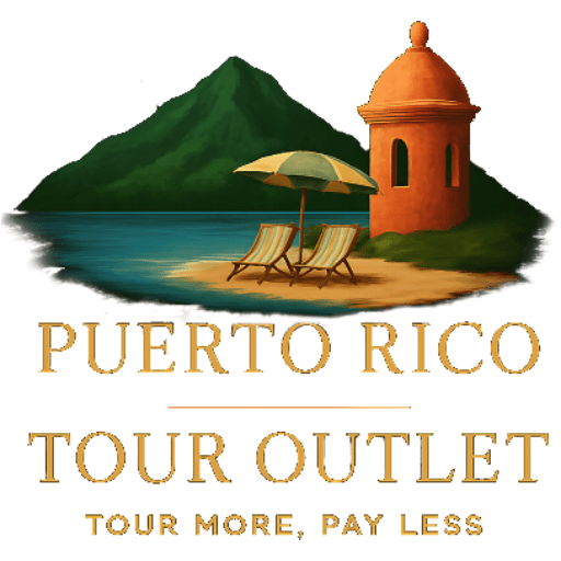 Illustration with beach scene, mountain, chairs, umbrella, and text: Puerto Rico Tour Outlet.