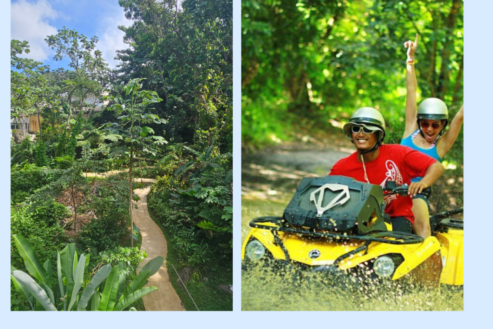 Split image of lush forest path and people on yellow ATV in a jungle setting.
