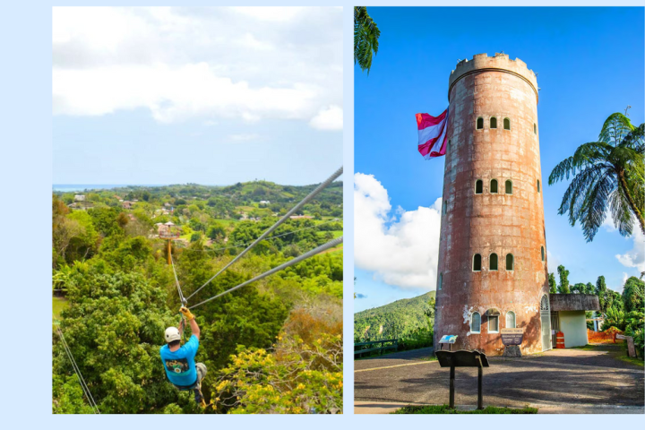Person ziplining over forest and a tower with a flag in a separate image.